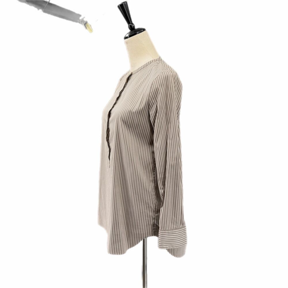 Theory Beige & White Vertical Striped Half Button Down Round Neck Cotton Blouse - Picture 3 of 12